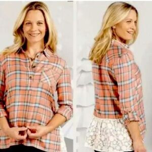 Matilda Jane Womens Coral Plaid Button Top Lace Hem Shirt Medium